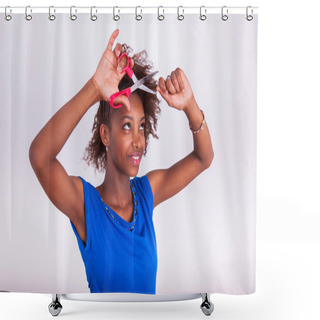 Personality  Young African American Woman Cutting Her Frizzy Afro Hair With S Shower Curtains