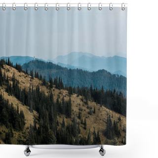 Personality  Yellow Lawn With Pine Trees In Mountains Against Sky  Shower Curtains