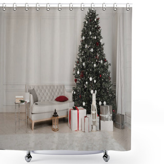 Personality  Christmas Decoration. Gift Boxes Under Christmas Tree. New Year Decor In Beautiful Modern Apartment. Shower Curtains
