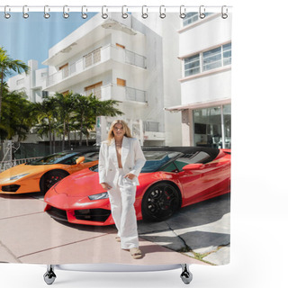 Personality  A Young Blonde Woman Standing Confidently In Front Of A Row Of Luxury Sports Cars In Miami, Exuding Elegance And Sophistication. Shower Curtains