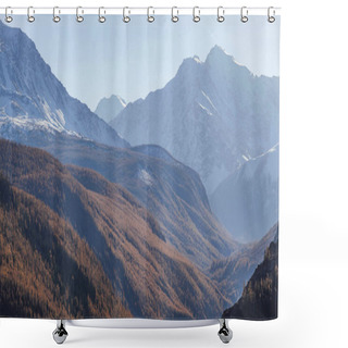 Personality  Mountain Gorge And Snow-capped Peaks In A Blue Haze Shower Curtains