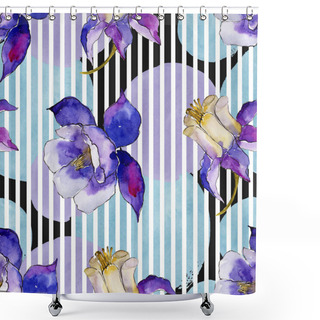 Personality  Watercolor Blue Aquilegia Flower. Seamless Background Pattern. Fabric Wallpaper Print Texture. Aquarelle Wildflower For Background, Texture, Wrapper Pattern, Frame Or Border. Shower Curtains