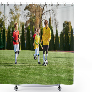 Personality  A Lively Group Of Young Children Joyfully Playing A Game Of Soccer On A Green Field. They Are Running, Kicking The Ball, And Shouting With Excitement As They Engage In Friendly Competition. Shower Curtains