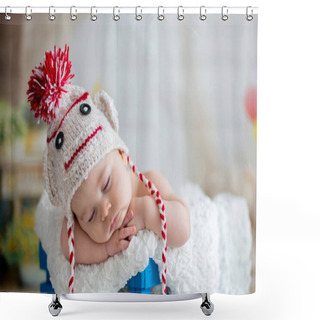 Personality  Little Baby Boy With Knitted Hat, Sleeping With Cute Teddy Bear Shower Curtains