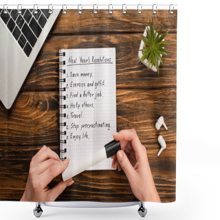 Personality  Cropped View Of Businesswoman Holding Felt-tip Pen Near Notebook With List Of New Years Resolutions Near Laptop, Potted Plant And Wireless Earphones On Wooden Desk Shower Curtains