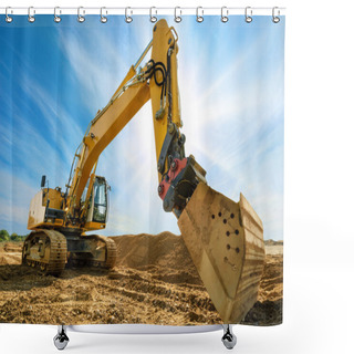 Personality  Big Excavator In Front Of The Blue Sky Shower Curtains