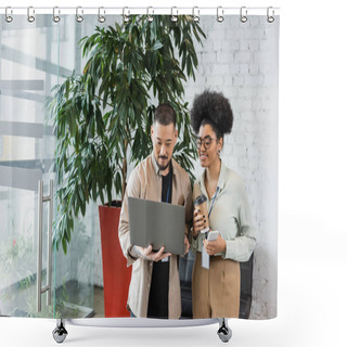 Personality  Happy African American Businesswoman Holding Smartphone And Looking At Laptop Of Asian Coworker Shower Curtains