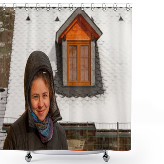 Personality  A Beautiful Woman Is Standing In Front Of A House With A Snow Covered Roof Shower Curtains