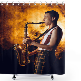 Personality  Side View Of Expressive Stylish Young Musician Playing Saxophone In Smoke  Shower Curtains