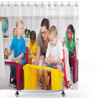 Personality  Preschool Students And Female Teacher In Kindergarten Shower Curtains
