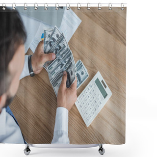 Personality  Cropped Image Of Financier Counting Cash With Calculator In Office Shower Curtains