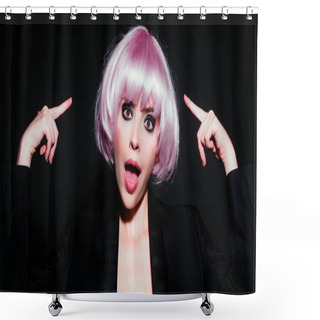 Personality  Surprised Woman With Pink Wig On Head. Emotion Pink Wigs Woman. Fashion, Cosmetics And Makeup. Funny Woung Girl In Wig. Fashion, Art And Creativity Concept. Point Of Sale, Pointing Finger Shower Curtains