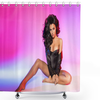 Personality  Sexy Stylish Brunette Woman Wearing Black Lingerie With Colorfull Light Shower Curtains