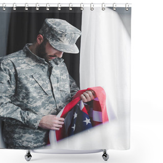 Personality  Selective Focus Of Sad Military Man In Uniform Holding Usa National Flag While Standing By Window With Bowed Head Shower Curtains