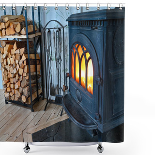 Personality  Cast Iron Stove With Fire And Stacked Wood Beside Shower Curtains