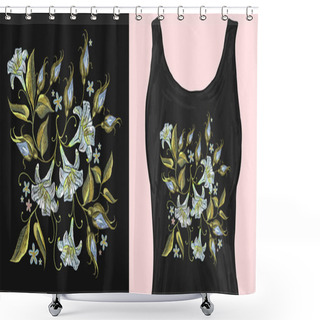 Personality  Embroidery White Lillies Flowers. Trendy Apparel Design Shower Curtains