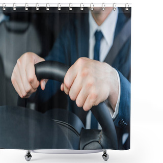 Personality  Cropped View Of Hands Of Businessman On Steering Wheel In Car Shower Curtains
