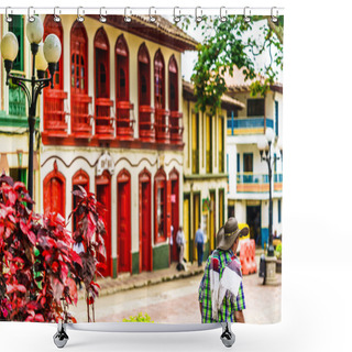 Personality  View On Colorful Red Colonial Buildings At Central Square Of Village Jerico In Colombia Shower Curtains