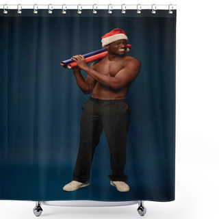 Personality  Joyful And Sportive African American Man In Santa Cap With Colorful Paper Rolls In Dark Blue Studio Shower Curtains