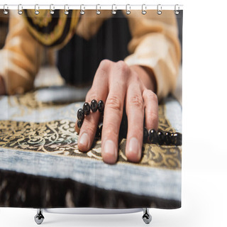 Personality  Blurred Middle Eastern Man With Prayer Beads Doing Salah At Home  Shower Curtains