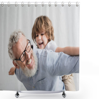 Personality  Cheerful Granddad Playing With Blurred Grandson At Home Shower Curtains