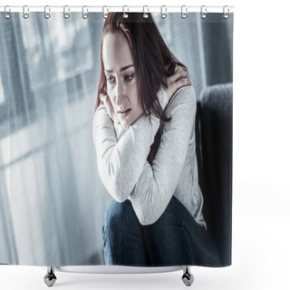 Personality  Stressful Unhappy Woman Hugging Herself And Looking Down. Shower Curtains