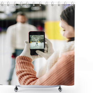 Personality  Selective Focus Of Woman Taking Photo Of Man On Smartphone On Skating Rink Shower Curtains