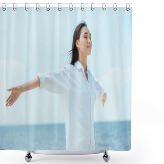 Personality  Young Asian Woman With Closed Eyes Standing With Arms Outstretched By Sea  Shower Curtains