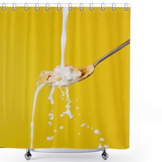 Personality  Spoon With Cornflakes And Milk Stream With Splashes Isolated On Yellow Shower Curtains
