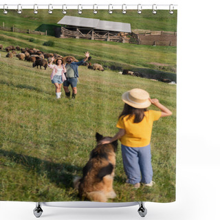 Personality  Happy Farmers Waving Hands To Daughter With Dog While Herding Cattle In Pasture Shower Curtains