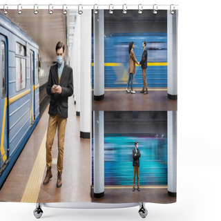 Personality  Collage Of Interactional Couple Holding Hands, Man In Medical Mask Using Smartphone In Subway Shower Curtains