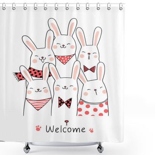 Personality  Draw Character Design Cute Rabbit With Word Welcome.Doodle Cartoon Style.  Shower Curtains
