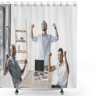 Personality  Multiethnic Group Of Young Business People Celebrating Success At Workplace In Office Shower Curtains