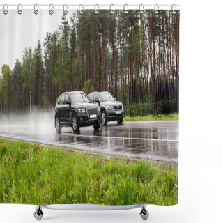 Personality  Two Modern Crossover Cars Drive On A Wet Country Road In Rainy Weather Against The Backdrop Of A Forest. Shower Curtains
