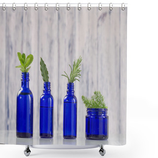 Personality  Essential Oils  In Blue Bottles Shower Curtains