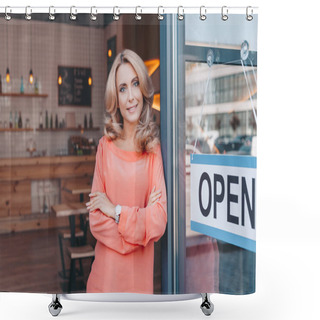 Personality  Cafe Owner With Sign Open  Shower Curtains