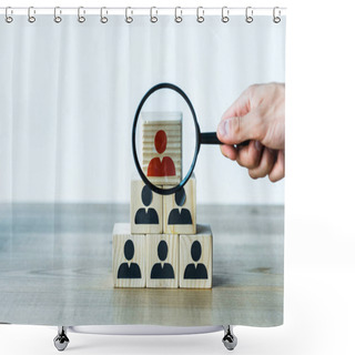 Personality  Cropped View Of Man Holding  Magnifier Near Wooden Cubes On Desk  Shower Curtains