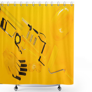 Personality  Top View Of Various Work Tools And Equipment On Yellow Shower Curtains