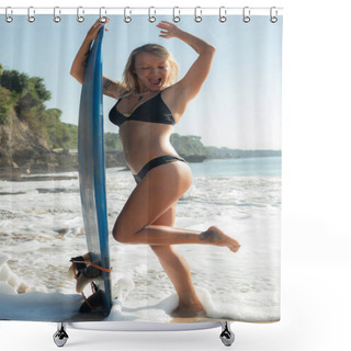 Personality  Excited Surfer Girl With Surfboard At The Beach. Surfing Concept. Tegal Wangi Beach, Bali, Indonesia Shower Curtains