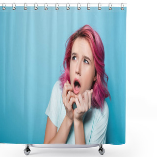 Personality  Scared Young Woman With Pink Hair On Blue Background Shower Curtains