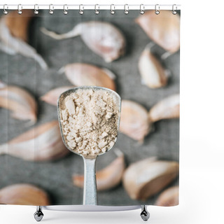Personality  Close Up View Of Spice In Metal Spoon And Ripe Garlic On Grey Background Shower Curtains