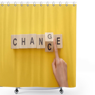 Personality  Cropped View Of Woman Switching Wooden Cube From Word Change To Chance On Yellow Background Shower Curtains