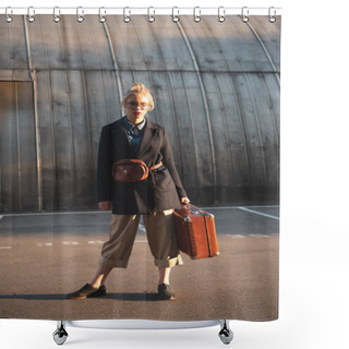 Personality  Fashionable Elegant Girl Holding Retro Suitcase On Urban Parking Shower Curtains