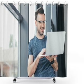Personality  Smiling Young Man In Eyeglasses Using Laptop Near Window Shower Curtains