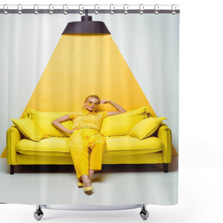 Personality  Attractive Blonde Woman Sitting On Sofa And Looking At Camera On White And Yellow  Shower Curtains
