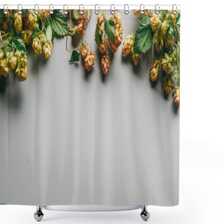 Personality  Top View Of Hops Branches With Green Foliage On Grey Background Shower Curtains