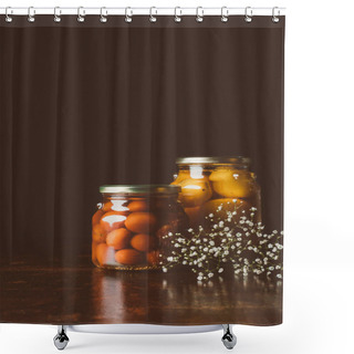 Personality  Glass Jars With Preserved Tomatoes On Wooden Table In Dark Kitchen  Shower Curtains