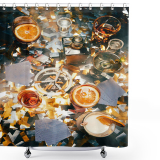 Personality  Flat Lay With Cigarettes, Alcoholic Cocktails, Whiskey And Playing Cards On Table Covered By Golden Confetti  Shower Curtains