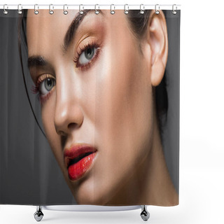 Personality  Attractive Fashionable Model With Makeup On Face, Isolated On Grey Shower Curtains