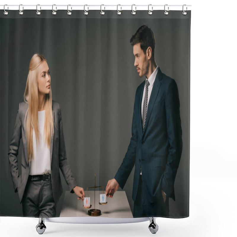 Personality  Business Colleagues With Male And Female Signs On Scales Of Justice, Gender Equality Concept Shower Curtains